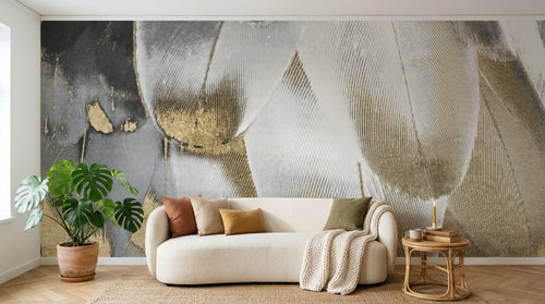 Design SL0460 — Papier peint Plumes blanches dorees nacrees gros plan — Novomur