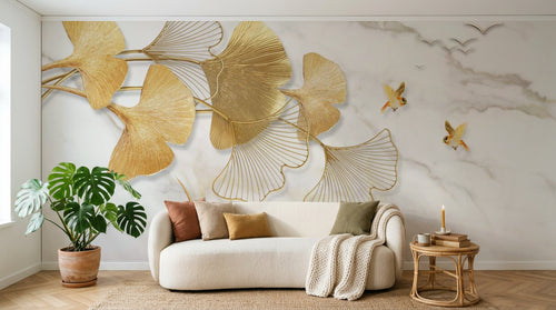 Design SL0477 — Papier peint Ginkgo dore oiseaux fond marbre — Novomur
