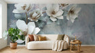 Design SL0487 — Papier peint Magnolias blancs 3D fond gris bleu — Novomur