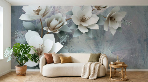 Design SL0487 — Papier peint Magnolias blancs 3D fond gris bleu — Novomur