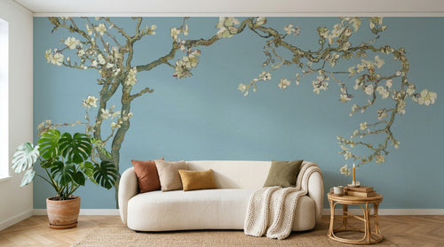 Design SL0498 — Papier peint Amandier fleurs blanches Van Gogh fond bleu — Novomur