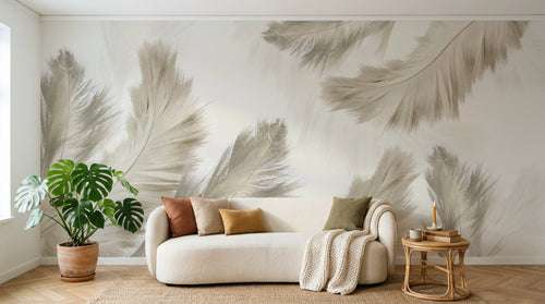 Design SL0547 — Papier peint Plumes beige duveteuses fond blanc — Novomur
