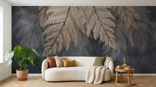 Design SL0583 — Papier peint Fougeres dorees fond gris brumeux luxe — Novomur