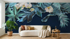 Design SL0610 — Papier peint Palmes monstera bleues orchidees fond marine — Novomur
