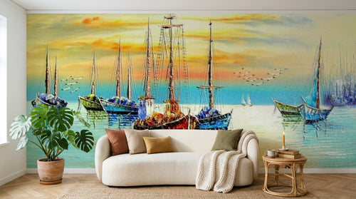 Design SL0622 — Papier peint Voiliers mer coucher soleil peinture — Novomur