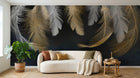 Design SL0630 — Papier peint Plumes blanches dorees fond bleu marine — Novomur