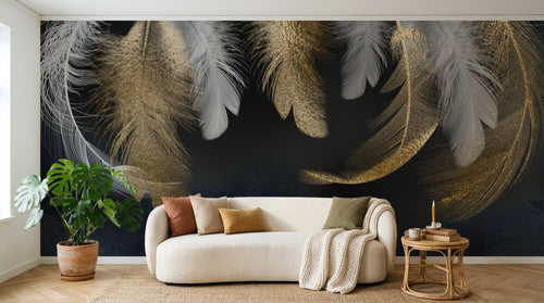 Design SL0630 — Papier peint Plumes blanches dorees fond bleu marine — Novomur
