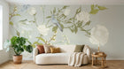 Design SL0663 — Papier peint Roses blanches branches oiseaux gris vert — Novomur