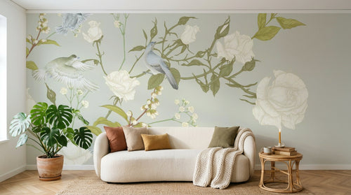 Design SL0663 — Papier peint Roses blanches branches oiseaux gris vert — Novomur
