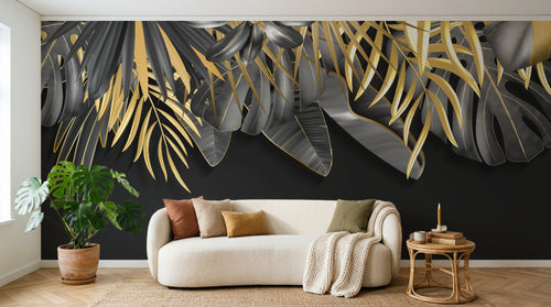 Design SL0705 — Papier peint Feuilles tropicales noir or fond noir luxe — Novomur