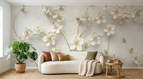 Design SL0732 — Papier peint Petites fleurs blanches relief beige luxe — Novomur