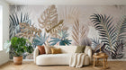 Design SL0787 — Papier peint Feuilles tropicales rose bleu beige doux — Novomur