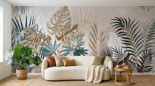 Design SL0787 — Papier peint Feuilles tropicales rose bleu beige doux — Novomur