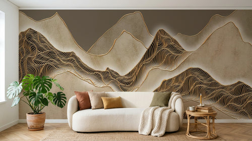 Design SL0789 — Papier peint Montagnes lignes ondulantes dorees taupe — Novomur
