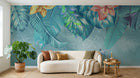 Design SL0813 — Papier peint Feuilles tropicales hibiscus aquarelle bleu — Novomur