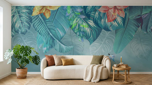 Design SL0813 — Papier peint Feuilles tropicales hibiscus aquarelle bleu — Novomur