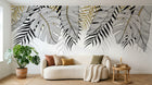 Design SL0842 — Papier peint Feuilles tropicales noir or fond blanc — Novomur