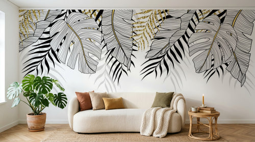 Design SL0842 — Papier peint Feuilles tropicales noir or fond blanc — Novomur