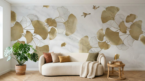 Design SL0848 — Papier peint Ginkgo dores oiseaux fond marbre — Novomur