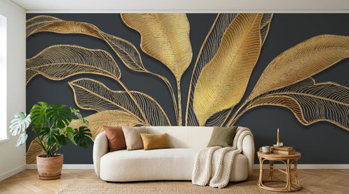 Design SL0889 — Papier peint Bananier dore relief fond gris fonce — Novomur