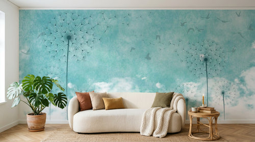 Design ZX0122 — Papier peint Pissenlits noirs ciel turquoise nuages — Novomur