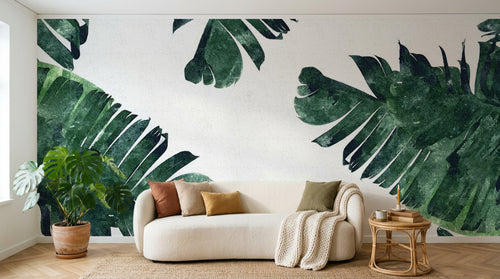 Design ZX0199 — Papier peint Bananier vert sombre fond blanc — Novomur