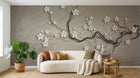 Design ZX0251 — Papier peint Branche fleurs blanches relief beige — Novomur