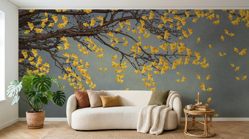 Design ZX0253 — Papier peint Ginkgo jaune branche fond bleu gris — Novomur
