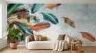 Design ZX0341 — Papier peint Plumes colorees mouvement turquoise — Novomur