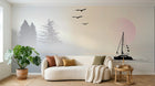 Design ZX0418 — Papier peint Voilier lac sapins coucher soleil pastel — Novomur