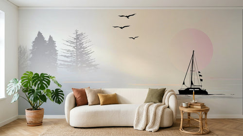 Design ZX0418 — Papier peint Voilier lac sapins coucher soleil pastel — Novomur