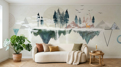 Design ZX0468 — Papier peint Paysage flottant triangles sapins cerf — Novomur