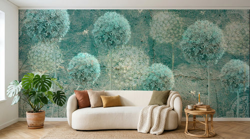 Design ZX0498 — Papier peint Pissenlits turquoise grunge texture — Novomur