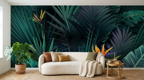 Design ZX0500 — Papier peint Jungle sombre oiseaux paradis bananiers — Novomur