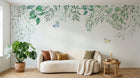 Design ZX0504 — Papier peint Feuilles vert pale cascade papillons aquarelle — Novomur