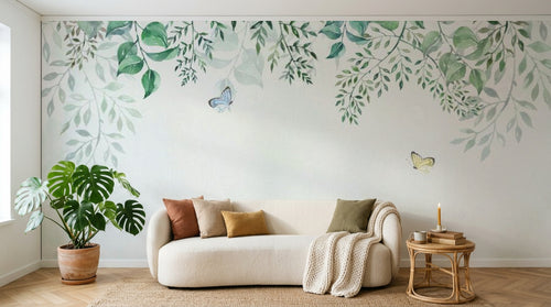 Design ZX0504 — Papier peint Feuilles vert pale cascade papillons aquarelle — Novomur