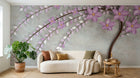 Design ZX0511 — Papier peint Branche fleurs violettes 3D fond beige — Novomur