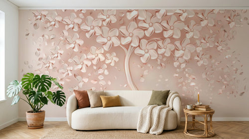 Design ZX0512 — Papier peint Arbre fleurs roses 3D fond poudre — Novomur