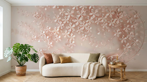 Design ZX0513 — Papier peint Branches fleurs roses 3D fond clair — Novomur