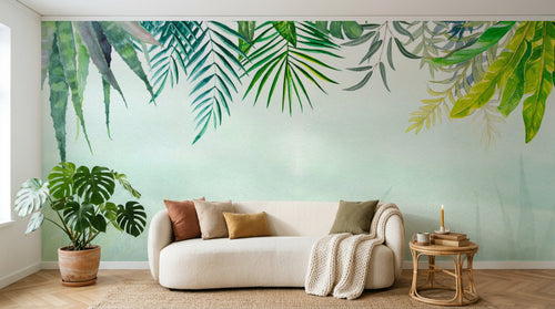 Design ZX0542 — Papier peint Palmes vert turquoise fond blanc vert — Novomur