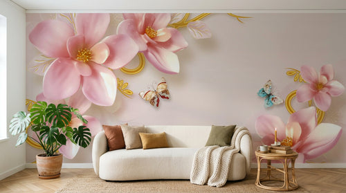 Design ZX0555 — Papier peint Magnolias roses ornements dores luxe — Novomur