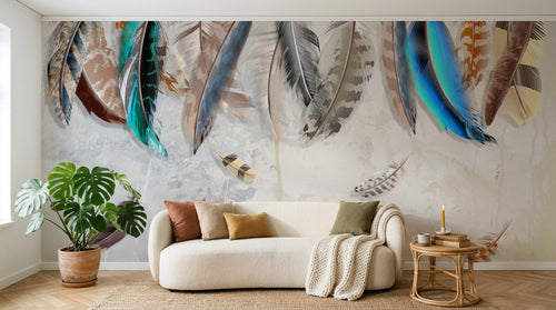 Design ZX0587 — Papier peint Plumes colorees aquarelle beige — Novomur