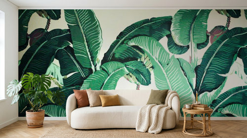 Design ZX0595 — Papier peint Bananier vert vif fond creme — Novomur