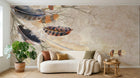Design ZX0653 — Papier peint Plumes branches grunge fond beige — Novomur