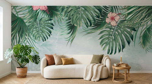 Design ZX0680 — Papier peint Monstera palmes hibiscus pastel — Novomur