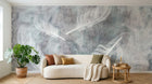 Design ZX0688 — Papier peint Plumes blanches contour bleu fond grunge — Novomur