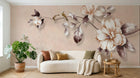 Design ZX0696 — Papier peint Branche fleurs blanches oiseaux beige — Novomur