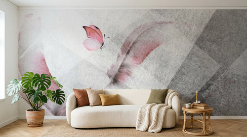 Design ZX0751 — Papier peint Plumes roses papillon fond gris triangles — Novomur