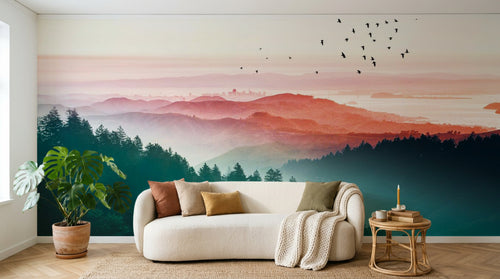 Design ZX0757 — Papier peint Foret aerienne degrade soleil oiseaux — Novomur
