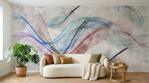 Design ZX0776 — Papier peint Plumes vagues multicolores beige aerien — Novomur